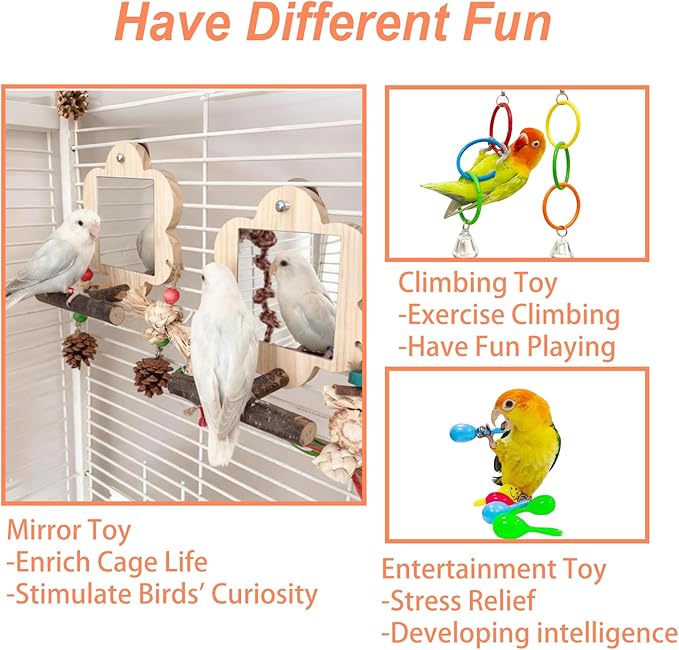 Acsist Bird Mirror with Perch, Cockatiel Mirror for Cage, Parakeet Toys with Chew Toy,Bird Cage Accessories for Parrot Conure Lovebirds Finch Canaries(Pinecone)