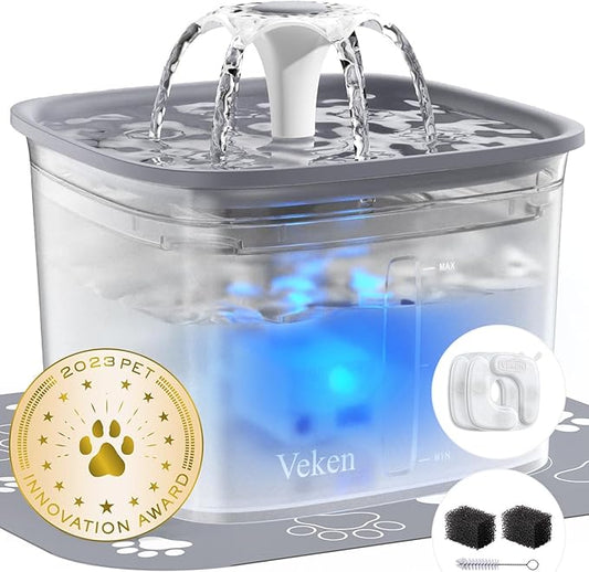 Veken Innovation Award Winner 95oz/2.8L Pet Fountain, Automatic Cat Water Fountain Dog Water Dispenser with Replacement Filters for Cats, Dogs, Multiple Pets (Transparent Grey, Plastic)