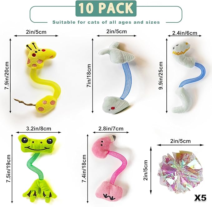 uyiixoxo Interactive Cat Toys Set, Cat Crinkle Balls and Cat Spring Toy, Indoor CatnipToys for Exercise and Dental Care, for All Cat Breeds (10 Pack)