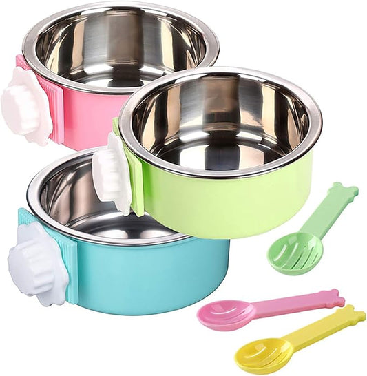 kathson 3 PCS Crate Dog Bowl, Stainless Steel Removable Hanging Cage Food Bowl Pet Food Spoon & Water Feeder Bowls Coop Cup for Puppy Cat Bird Rabbit
