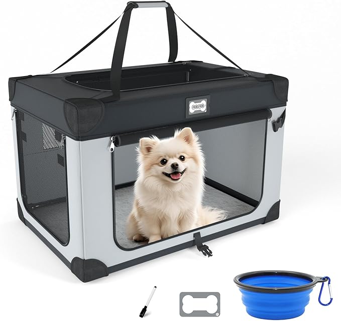 24 Inch Portable Collapsible Dog Crate, Travel Pet Crate with Soft Warm Blanket and Foldable Bowl for Small Dogs and Large Cats Indoor and Outdoor