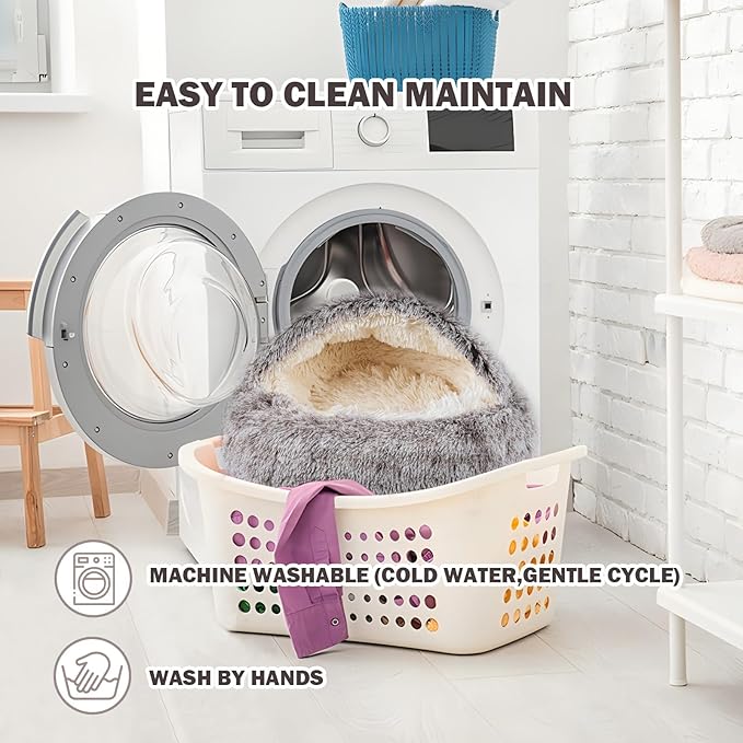 Cat Bed for Indoor Cats, Calming Cozy Cave with Self-Warming Plush, Entire Bed Machine Washable & Anti-Slip Base, Breathable Pet Bed for Small Cats&Dogs All Seasons (Khaki, 24 * 24inch)