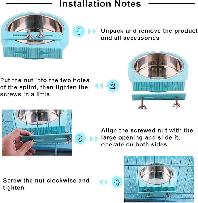 Crate Dog Bowl Removable Stainless Steel Water Food Feeder Bowls Cage Coop Cup for Cat Puppy Bird Pets (Small, Blue with Corrugated Clip)