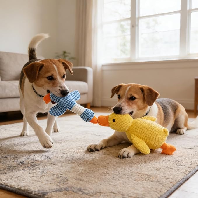 2PC Dog Toy Set Yellow Duck & Blue Goose with Squeakers, Durable Chew-Resistant Plush for Teething Puppies and Indoor Cats - Interactive Play & Anxiety Relief for Pets-Not for Children