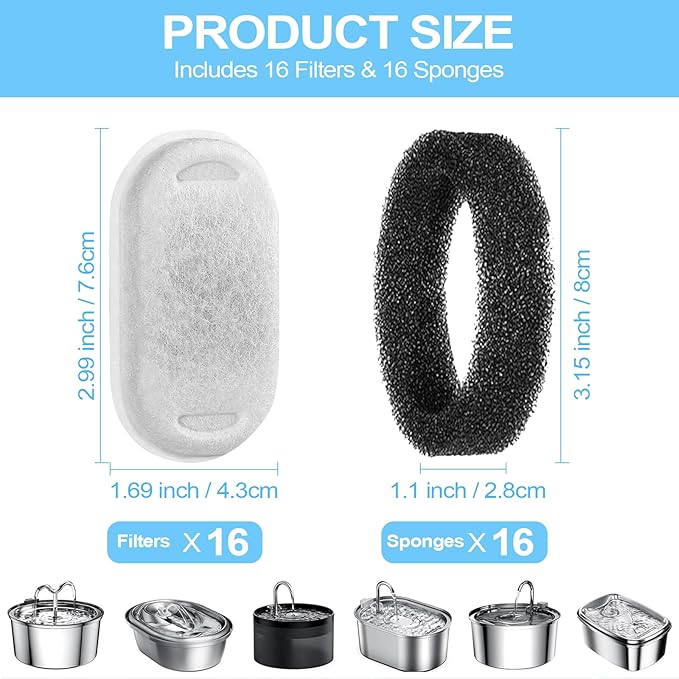 Cat Water Fountain Filter for Stainless Steel 108oz/3.2L& 67oz/2L Automatic Pet Water Dispenser Fountian Replacement Filter with Sponges, white-16