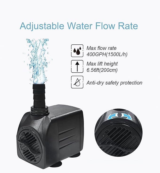 WYWP 400GPH 25W Submersible Pump 1500L/H Ultra Quiet Water Pump with 6.6ft. High Lift, Fountain Pump with 3 Nozzles for Aquarium, Pond, Fish Tank, Hydroponics