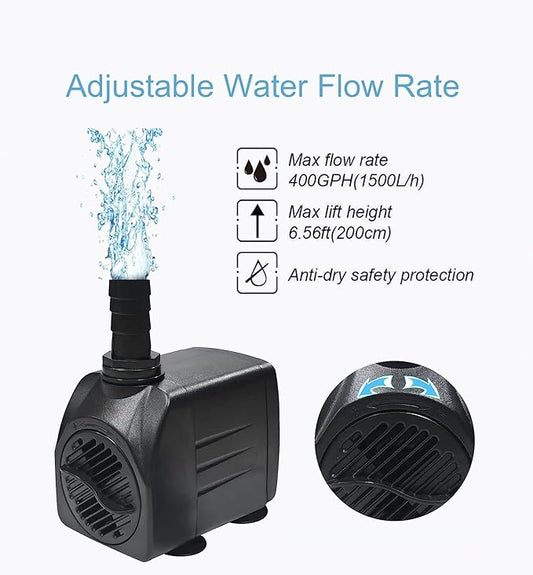 WYWP 400GPH 25W Submersible Pump 1500L/H Ultra Quiet Water Pump with 6.6ft. High Lift, Fountain Pump with 3 Nozzles for Aquarium, Pond, Fish Tank, Hydroponics