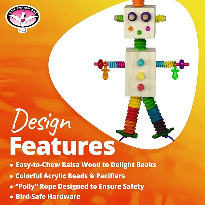Super Bird Creations SB1183 Balsa Bot Bird Toy - for Medium Size Bird, Made of Balsa Wood with Colorful Accessories - Parrots, Ringnecks, Medium Conures - Perfect Chew Toy for Parrots - 12 x 6.5