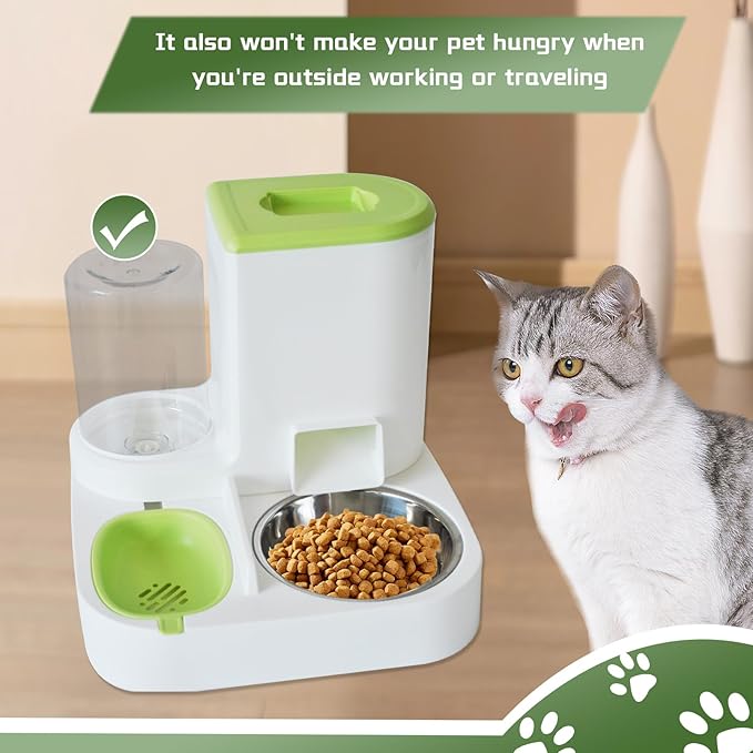 2 in 1 Automatic Cat Feeder & Water Dispenser,Gravity Pet Feeder Stainless Steel Food Water Bowl All-in-One Large Capacity Self Feeding for Cats Dogs Small Medium Pets(Green)
