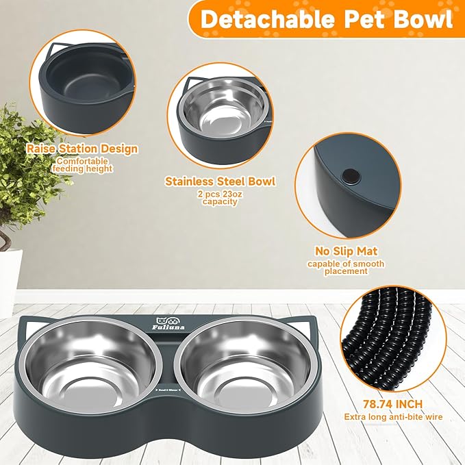 Fuliuna Heated Cat Bowl, Outdoor Heated Pet Bowl with Double Stainless Steel Bowl 23 OZ, Water Food Bowls for Cat Pet, Thermal Pet Bowl Provide Drinkable Water and Hot Food in Winter