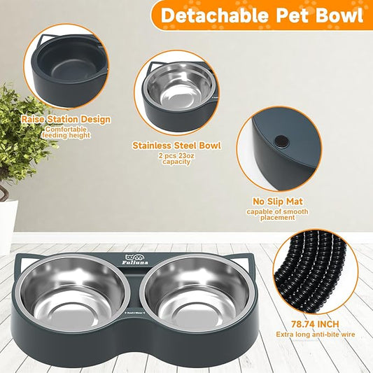 Fuliuna Heated Cat Bowl, Outdoor Heated Pet Bowl with Double Stainless Steel Bowl 23 OZ, Water Food Bowls for Cat Pet, Thermal Pet Bowl Provide Drinkable Water and Hot Food in Winter