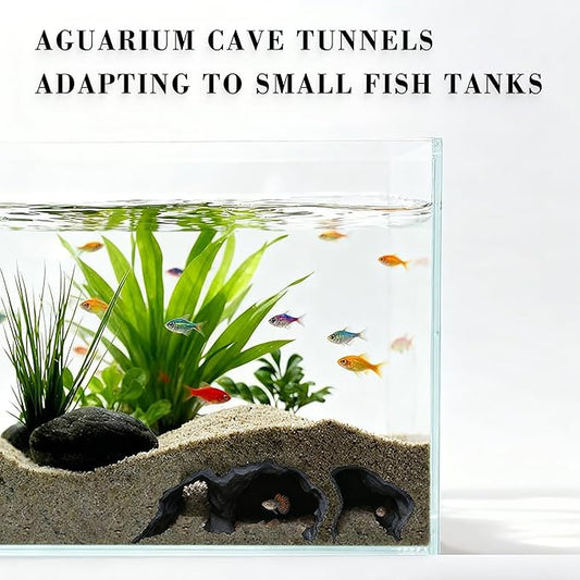 LIYAOLI Aquarium Ornaments Cave Tunnel with Viewing Ports | Fish Tank Decoration Hideout for Pleco, Shrimp & Corydoras | Substrate-Friendly Design & Sinking Base (S - Black)