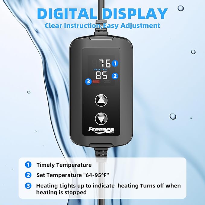FREESEA Aquarium Heater for Fish Tank: 100W/200W/300W/500W Submersible Fish Tank Heater with Over-Temperature and Off-Water Protection for 20-40 Gallon Saltwater and Freshwater