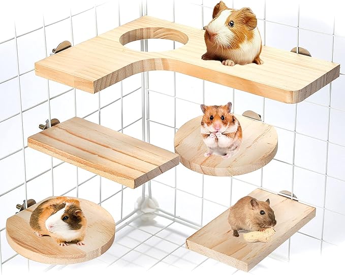 X-pet Hamster Cage Accessories Wooden Platform Chinchilla L-Shaped Round Hole Wooden Playing platform, 5Pcs of Wooden Pedal Toys, Provide a Habitat for Small Animal & Birds, for Squirrel Gerbil