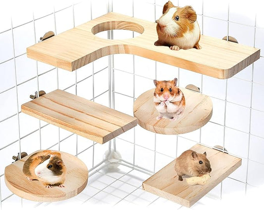 X-pet Hamster Cage Accessories Wooden Platform Chinchilla L-Shaped Round Hole Wooden Playing platform, 5Pcs of Wooden Pedal Toys, Provide a Habitat for Small Animal & Birds, for Squirrel Gerbil