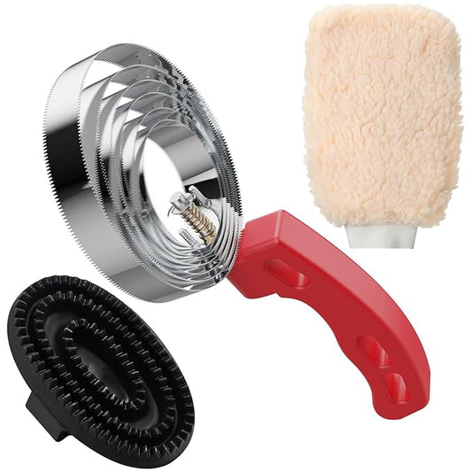 Curry Comb Kit, 6 Ring Curry Comb & Rubber Brush & Horse Grooming Mitts, Curry Comb Kit for Grooming Horses, Dogs, Goats, Cattle, Cow, Donkey Supplies