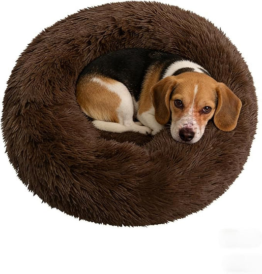 Doimier Calming Donut Dog Beds for Small Dogs Cats - Washable Removable Cover Non-Slip Bottom, Round Pet Bed Puppy Bed Warming Fluffy Faux Fur Anti-Anxiety, Fits up to 25 lbs (Coffee, 23")