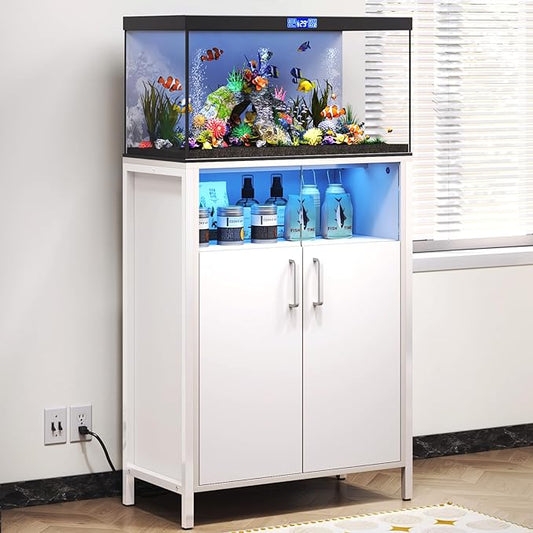 TC-HOMENY 10-20 Gallon Fish Tank Stand with LED Lights, 700LBS Capacity Aquarium Stand with Power Outlets, Heavy Duty Fish Tank Table with Storage Cabinet, Aquarium Table for Reptile Terrarium Stand, 23.6" x 11.8" x 31.5''
