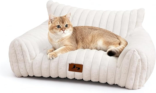 Warmrest Cat Couch for Pets, Cute Cat Bed with Cozy Soft Faux Rabbit Fur for Kitten, Fuzzy Cats Sofa for Indoor Cats, Supportive Pet Sofa with Removable Washable Cover, Cream, 24"