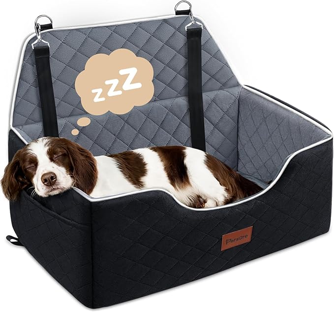 Dog Car Seat for Large Medium Size Puppy Dog,Soft Fabric Dogs Bed Filling Memory Foam,2 Clip-On Safety Leashs and 2 Pockets,Removable and Washable Comfy Pet Travel Car Seat(Black, Large)