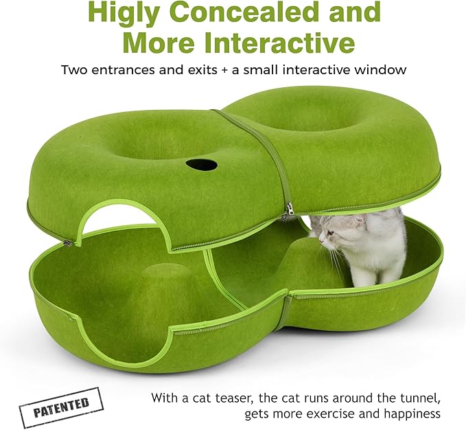LovIntry 8-Shaped Large Cat Tunnel Bed for Indoor Cats, Infinite Circulation Peekaboo Cat Cave with 12 Toy Balls, Cat Donut Tunnel for Cats up to 30 Pounds (Green, L(38x24x11))