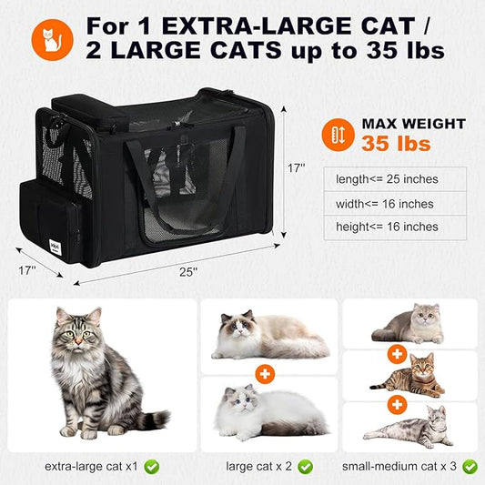 25''(L) x 17''(W) x 17''(H) Extra-Large Expandable cat Carrier for Long Distance car Travel,for 1 Extra-Large cat / 2 Large Cats / 3 Small-Medium Cats up to 35 lbs(Black)