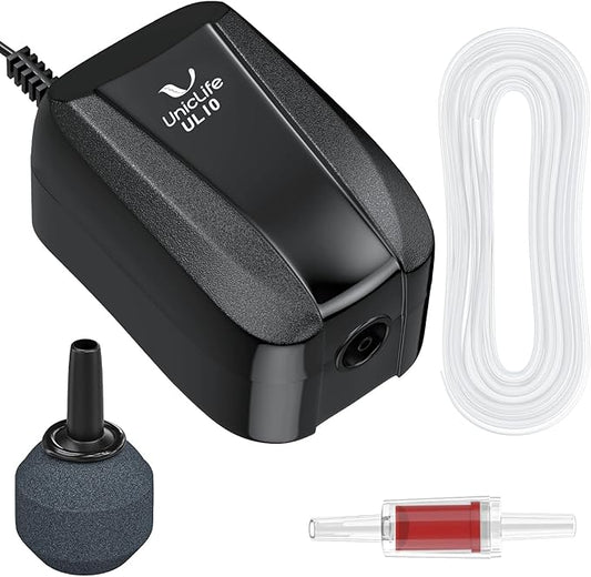 Uniclife UL Certified Aquarium Air Pump, Quiet Fish Tank Oxygen Pump for Small Aquariums with Airline Tubing, Air Stones and Check Valve