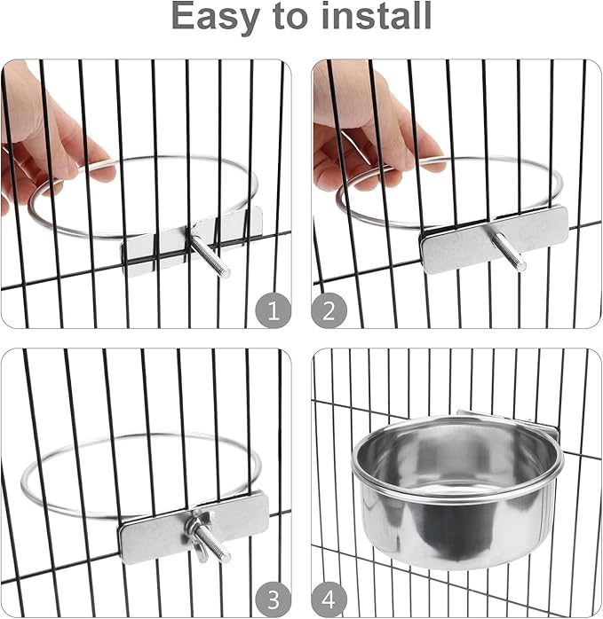 Pet Food Water Bowl with Clamp Holder Stainless Steel Coop Cup Hanging Feeder for Dog Bird Parrot Cat Rabbit (L)