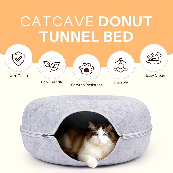 Peekaboo Cat Cave Bed for Indoor Cats, Scratch-Resistant Cat Donut Tunnel for Multiple & Large Cats, Detachable Round Cat Hideaway for Playing, Sleeping and Hiding, Up to 30-45 lbs