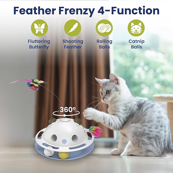 PAWSPIK Feather Frenzy 4-in-1 Interactive Cat Toy – Butterfly, Feather, Catnip Ball & Track Ball Play – Motion Activated, USB or Battery Powered – White