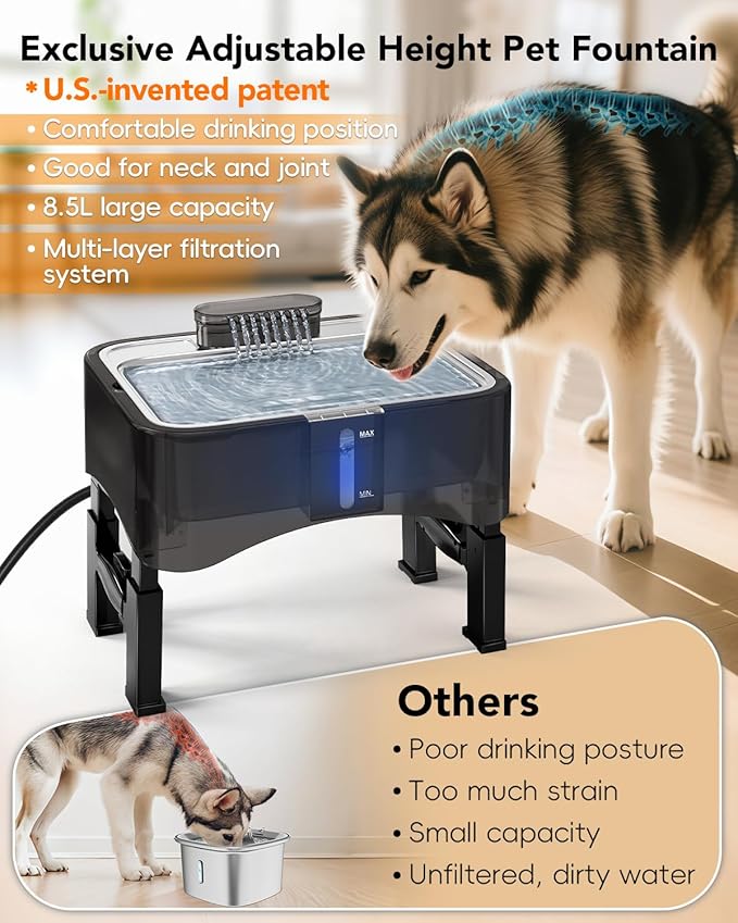 UPSKY 2.25Gal Elevated Dog Water Fountain, 4 Heights Adjustable Pet Fountain for All Dog Sizes, 304 Stainless Steel Tray Indoor Cat Drinking Dispenser with Ultra-Quiet Pump & 2 Replacement Filters