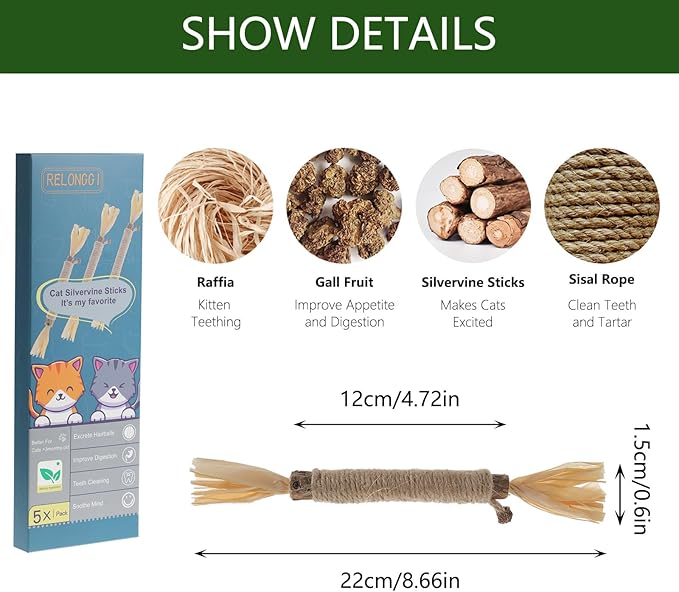 RELONGGI 5 PCS Silvervine Sticks for Cats - Natural Cat Chew Toys for Teeth Cleaning, Kitten Teething & Aggressive Chewers