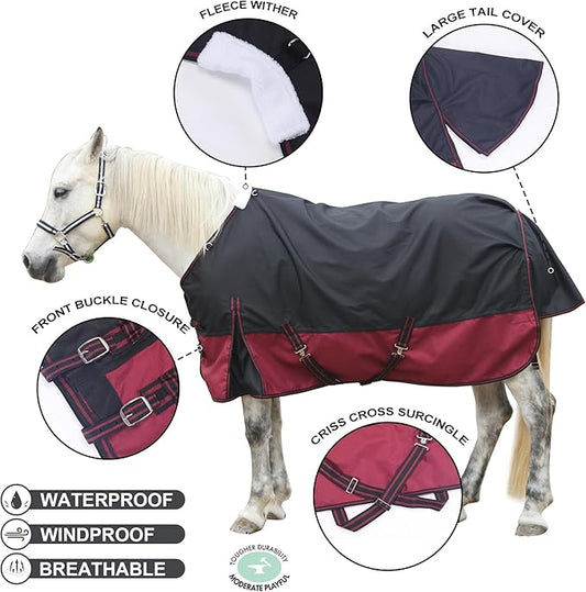 1200D Ripstop Waterproof Breathable Horse Blanket (200g Fill), Medium Weight Warm Winter Turnout, Thermal Protection for Cold & Snow Blackwine 72"