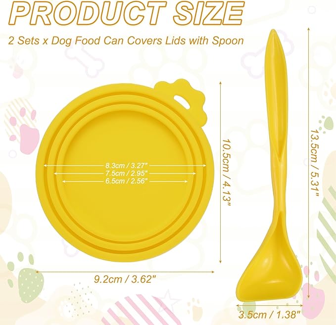 Cat Food Can Covers Lids, Dog Food Can Lids with Spoons Silicone Toppers Reusable Fits 3 Standard Sizes, (Yellow, 2Sets), Intended for Dog/Cat/Pet Food