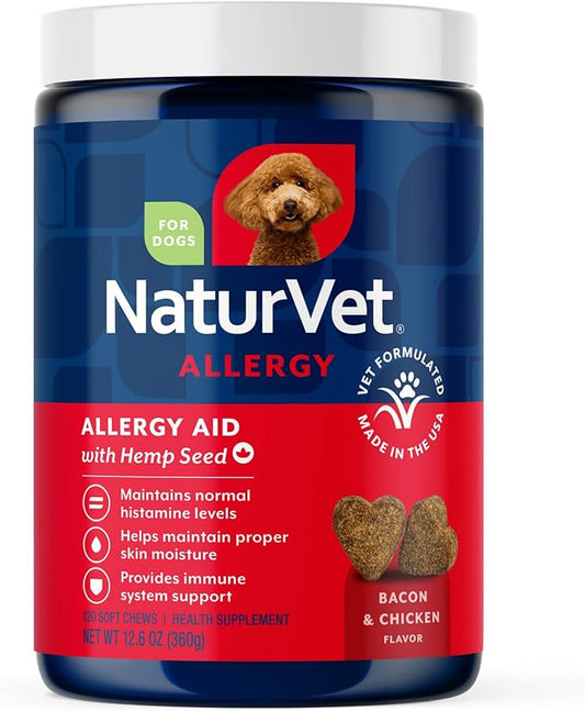 NaturVet Hemp Allergy Aid Supplement for Dogs, Hemp Seed, Antioxidants, Omegas, Dha & Epa for Healthy Skin & Respiratory Health, 120 Count