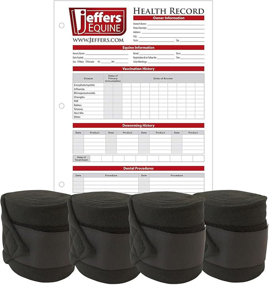 Jeffers Horse Fleece Polo Wraps 4 Pack and Equine Health Record 1 Pack Kit – Leg Wrap Accessories for Training Riding Turnout Stable, Hoof Care Tracker, Equestrian Horse Supplies - Black