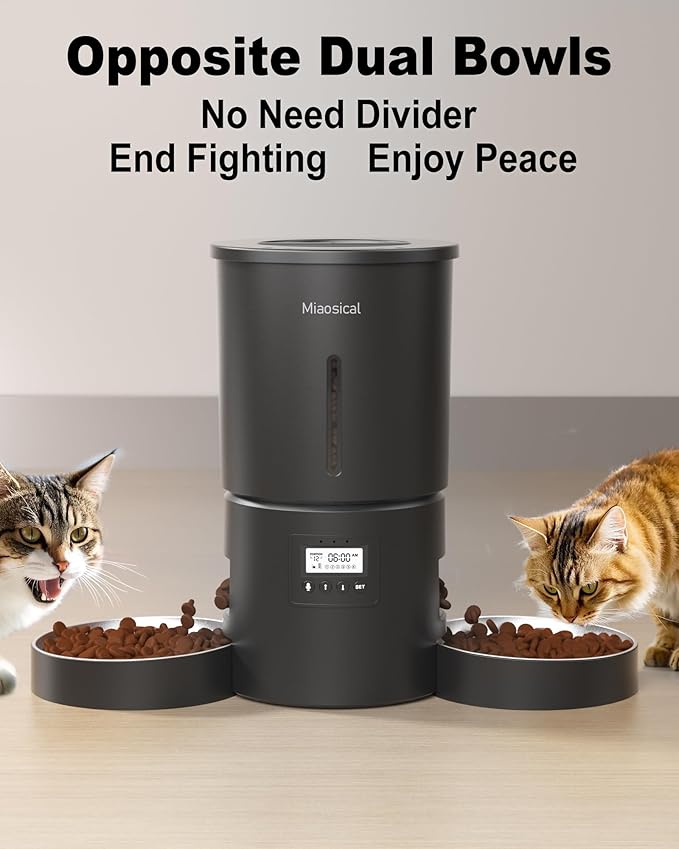 Dual Automatic Cat Feeder 2 Cats,6 Meals/Day,12 Portions/Meal,4.2L Dual Power Double Bowls Feeder,Dry Food Auto Pet Dispenser,10S Voice Record,Flexible Schedule Timer (Black,Stainless Dual Bowls)