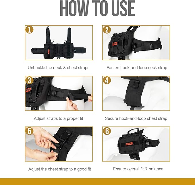 ONETIGRIS Dog Backpack for Medium & Large Dogs, Nylon Backpack for Dogs Tactical Pet Backpack with Side Pockets for Hiking Walking Training Running (Black, Medium)