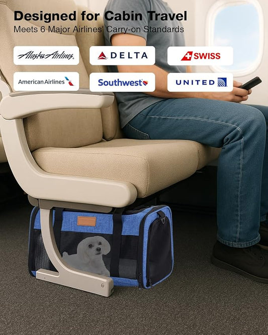 Dog Carrier Airline Approved - 17"×11"×9.5", Underseat, Soft Sided Pet Carriers for Small Dogs up to 10 lb with Anti-Scratch Mesh, Top & Side Entry - Ideal for Travel and Vet Visit, Blue