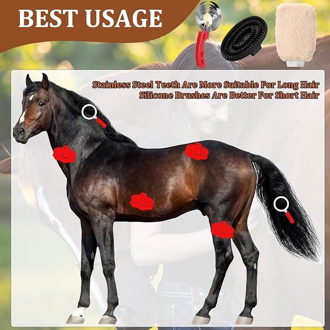 Curry Comb Kit, 6 Ring Curry Comb & Rubber Brush & Horse Grooming Mitts, Curry Comb Kit for Grooming Horses, Dogs, Goats, Cattle, Cow, Donkey Supplies