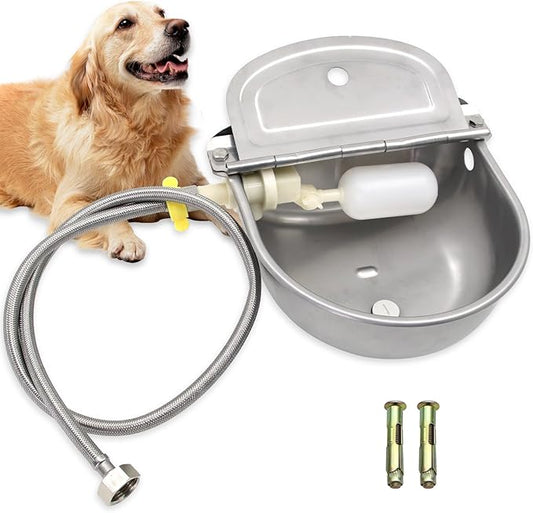 Stainless Steel Automatic Livestock Waterer Dog Waterer Bowl Upgraded Bottom Drain Hole with Water Hose (3/4'') and Float Valve and Two Expansion Screws, for Cattle Horse Goat Sheep Animals Pet