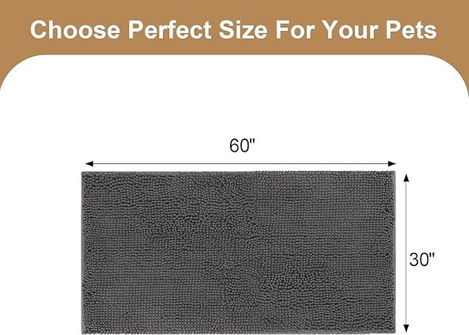 Amyracel Absorbent Dog Door Mat for Muddy Paws, 60" x 30" Non Slip Washable Door Mat Indoor Entrance, Quick Dry Chenille Pet Entry Rugs for Entryway Indoor, Grey