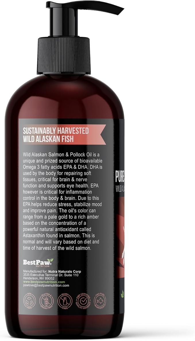 Pure Wild Alaskan Salmon Oil for Dogs & Cats Skin and Coat - Fish Oil Liquid with Pump - Supports Joint Function, Immune & Heart Health - Omega 3 Liquid Food Supplement - All Natural EPA + DHA - 16oz