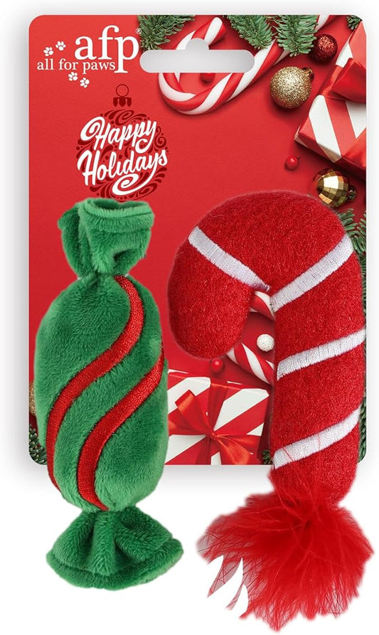 ALL FOR PAWS Christmas Cat Toys Happy Holiday Kitten Toys with Catnip, Crinkle Sound 2 Set Candy Cane Designs Kitty Toy