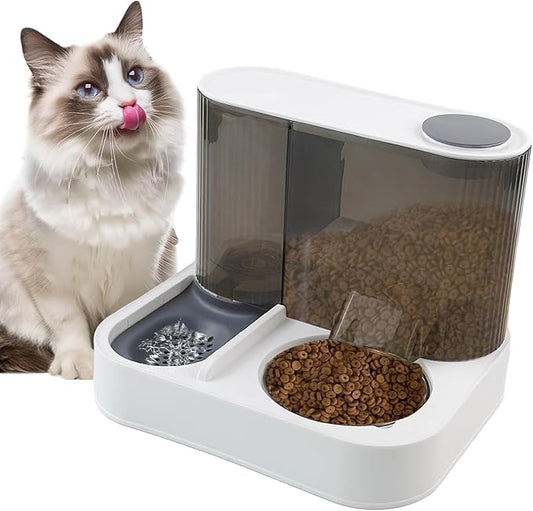 Automatic Gravity Cat Feeder with Stainless Steel Food Bowl, 2 in 1 Cat Feeder and Water Dispenser Combo Detachable Pet Water and Food Dispenser Set for Puppy Kitten Small Dog(Gray)
