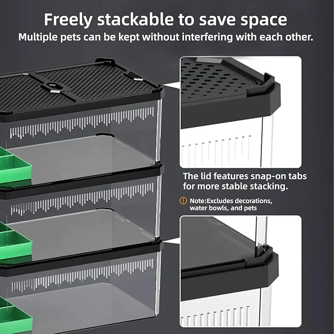 XIGETRAIL Transparent Portable Reptile Terrarium Habitat, Reptile Feeding Box for for Gecko, Tarantula, Scorpion, Spider, Hermit Crab,Frog (12" x 7.7" x 5.1" Black)