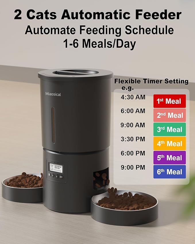Dual Automatic Cat Feeder 2 Cats,6 Meals/Day,12 Portions/Meal,4.2L Dual Power Double Bowls Feeder,Dry Food Auto Pet Dispenser,10S Voice Record,Flexible Schedule Timer (Black,Stainless Dual Bowls)