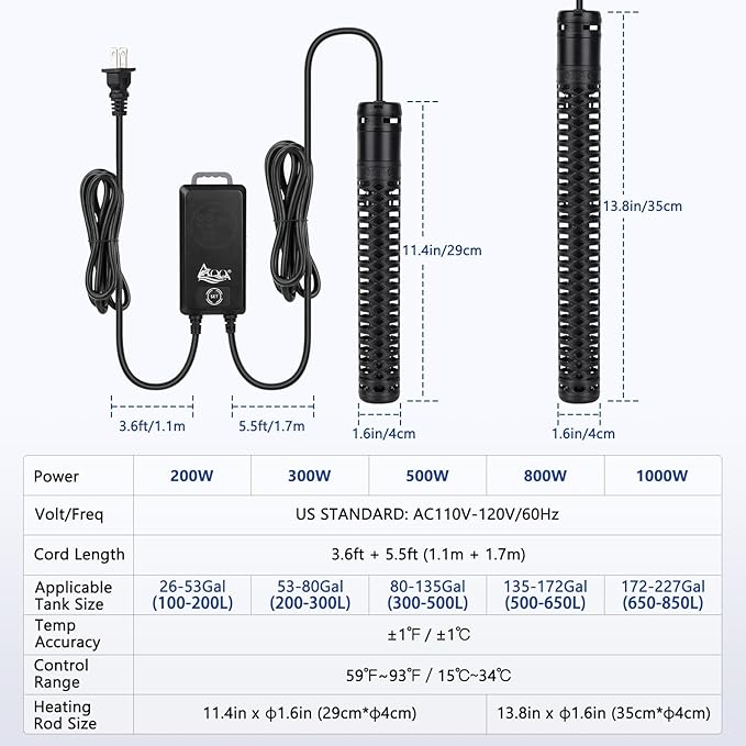 AQQA 1000W Aquarium Heater, Fish Tank Heater with Digital Thermostat, Over-Temperature and Dry-Run Protection, for Over 150 Gallon Freshwater, Saltwater, Turtle Betta Fish Tank Aquarium