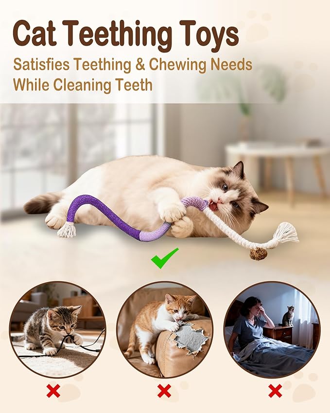 Beanewone Cat Chew Rope Toys 6Pcs with Catnip, Indoor Cat Teething Toys for Kittens, Interactive Catnip Kitty Toys for All Breeds (3PCs Chew Rope & 3PCs Silvervine Sticks)