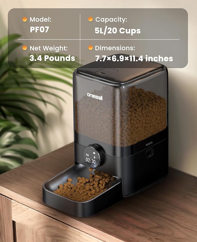 oneisall Automatic Cat Feeder for Large Kibble and Snacks, 20 Cups/5L Timed Pet Feeder for Cats Indoor, Programmable Dry Food Dispenser (Black)